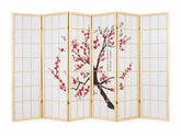 6-Panel Room Divider with Flower Pattern - Natural Wood