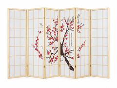 6-Panel Room Divider with Flower Pattern - Natural Wood