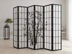 6-Panel Room Divider with Bamboo Pattern - Black