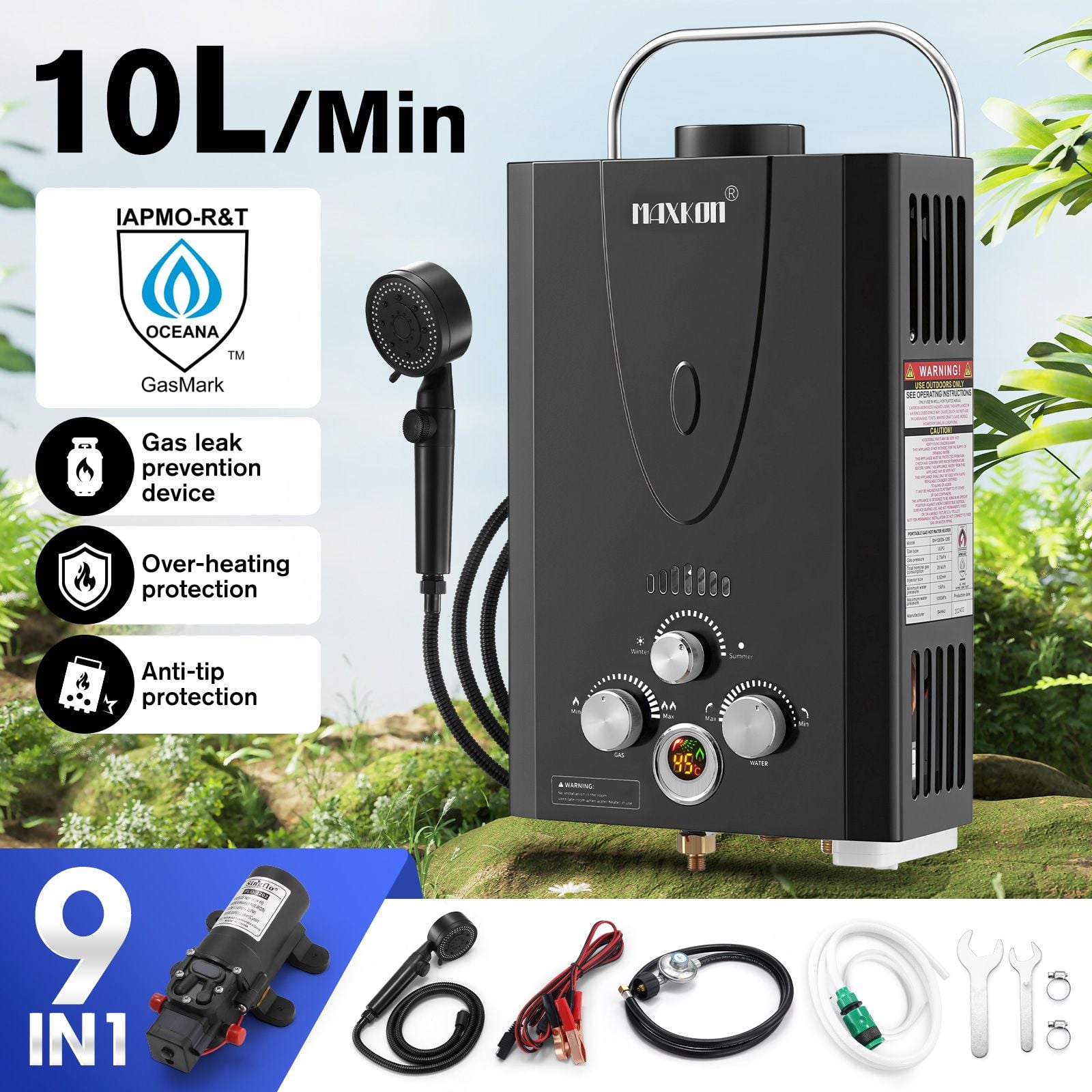DS BD Maxkon Gas Hot Water Heater 9 in 1 10L Tankless Camping Shower Pump System