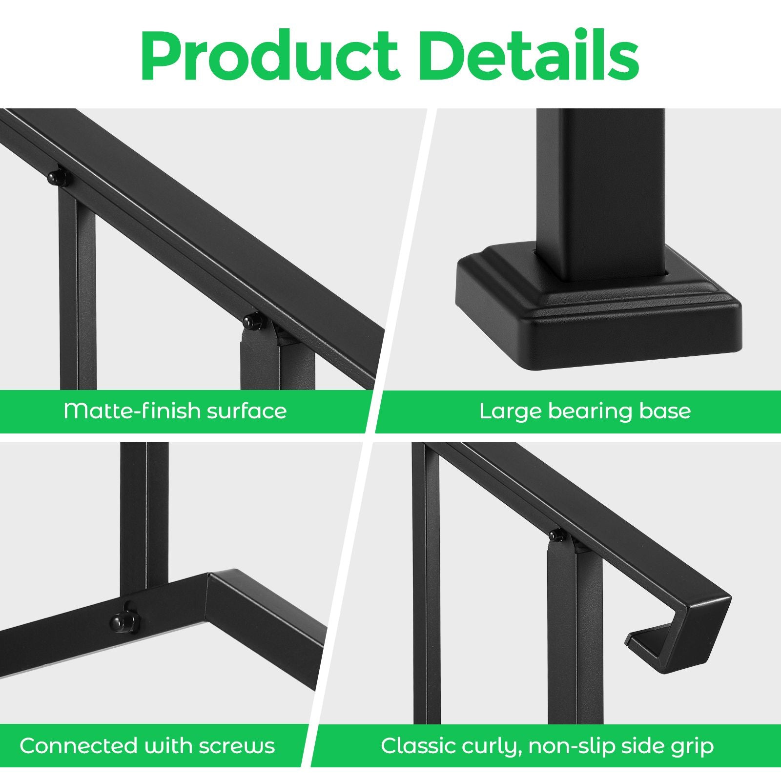 DS BD Stair Handrail Railings 3-4 Steps Black Metal Safety Guard Hand Rails