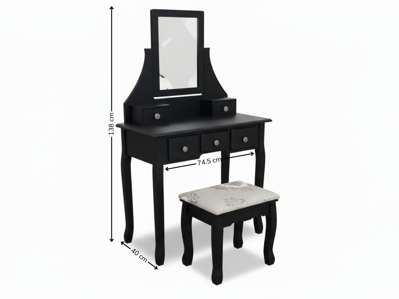 Dressing Table with Stool Black - 74.5 cm
