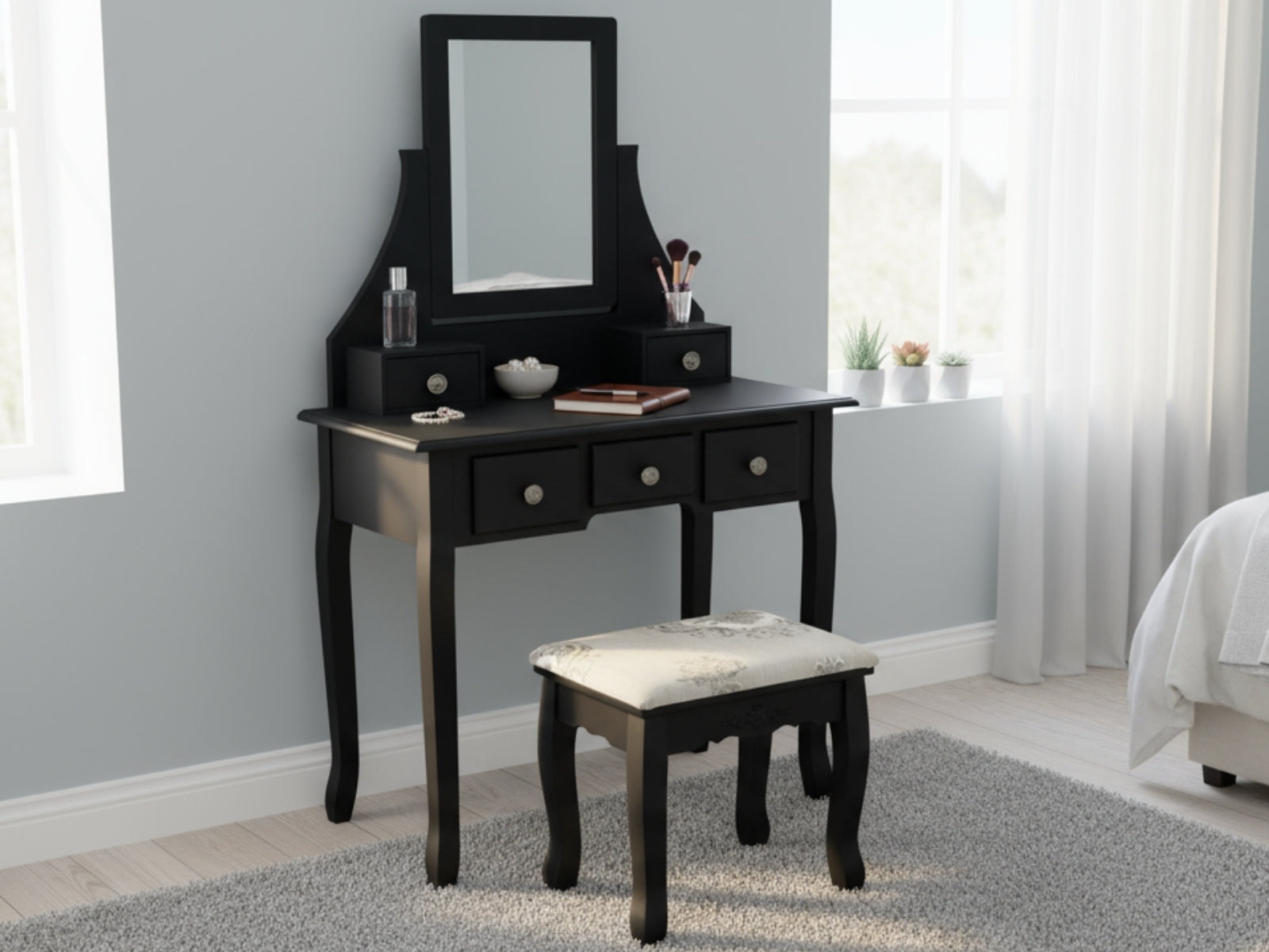 Dressing Table with Stool Black - 74.5 cm