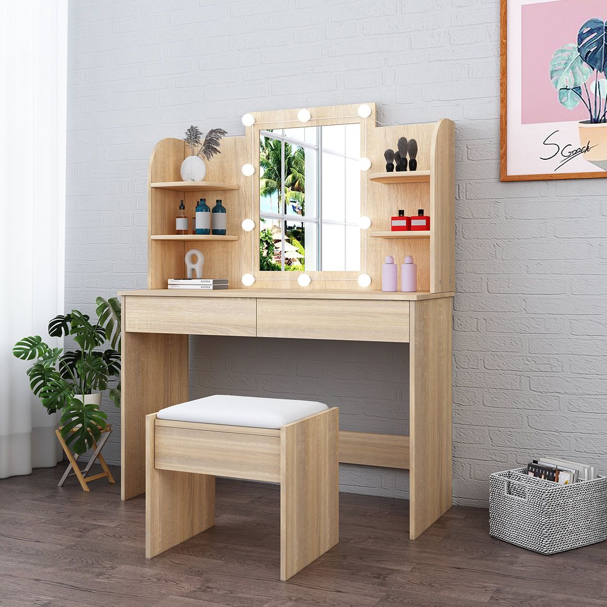 DS BD Dressing Table Lighting Dresser Vanity Makeup Mirror Desk Stool Set 10 LED