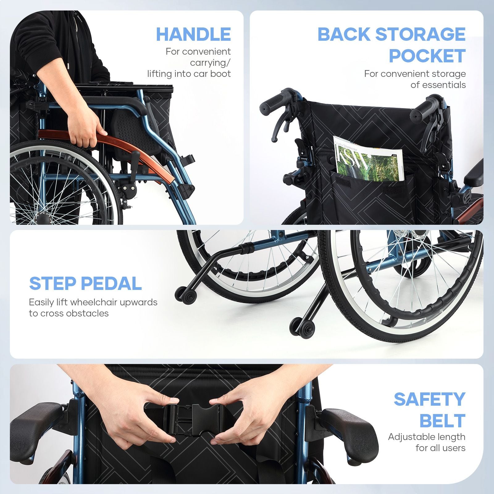 DS BD Folding Wheelchair 20Inch Mobility Disability Aid Travel Lightweight Wheel