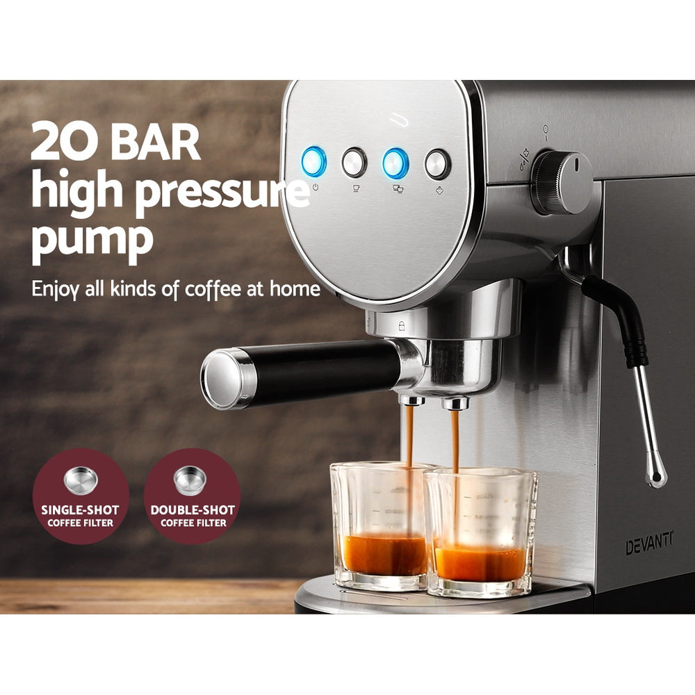 Devanti Coffee Machine Espresso Maker 20 Bar Milk  Cappuccino Latte Cafe