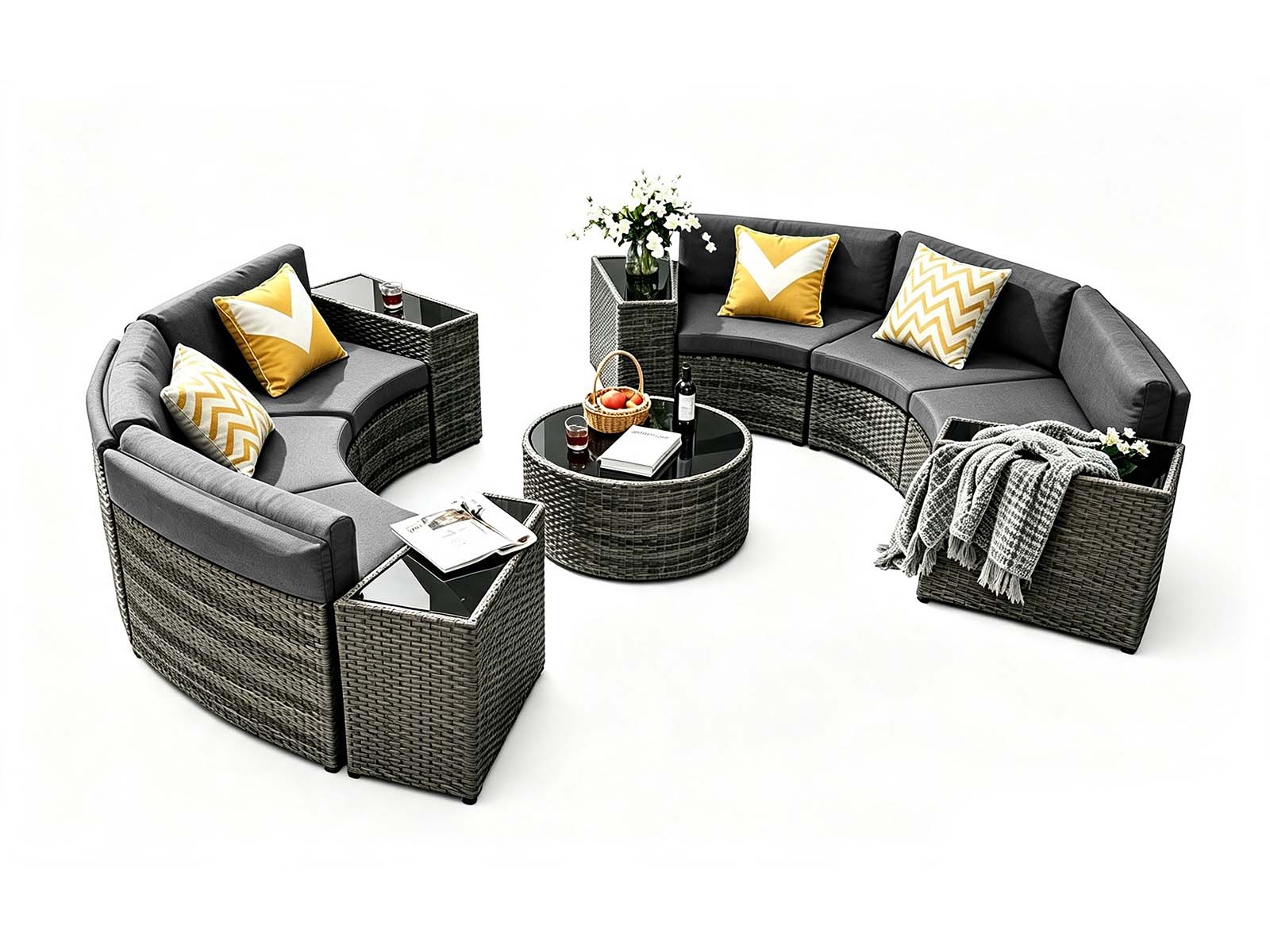 DS 11-Piece Curved Wicker Sofa Set - Grey