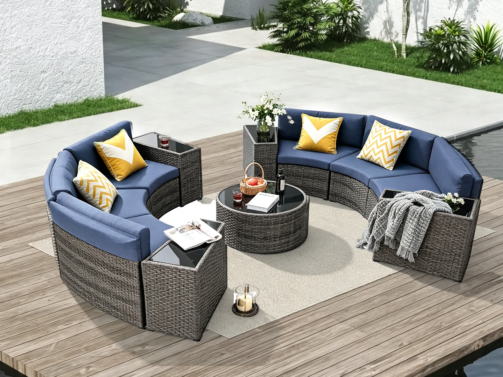 DS 11-Piece Curved Wicker Sofa Set - Navy