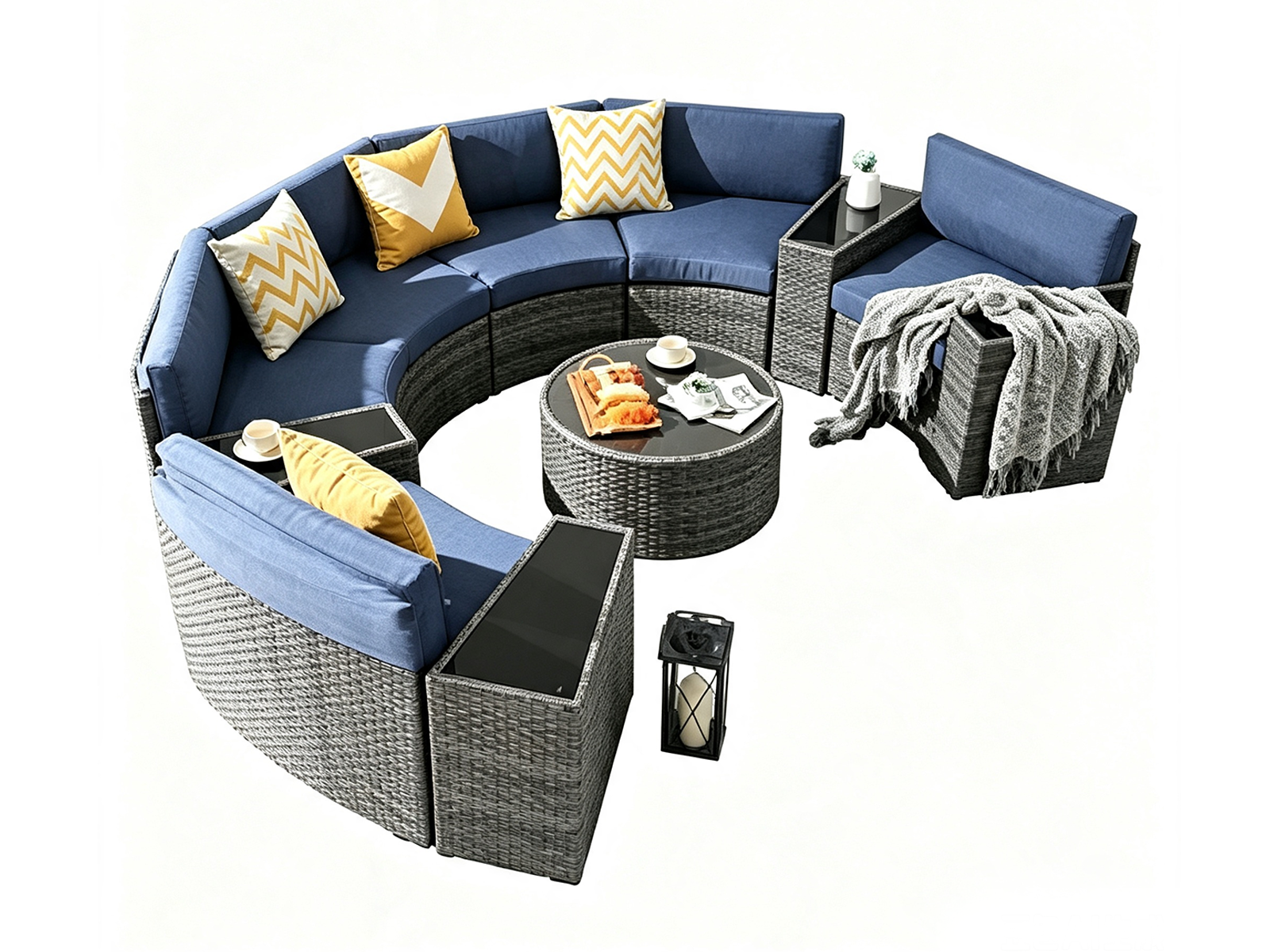 DS 11-Piece Curved Wicker Sofa Set - Navy