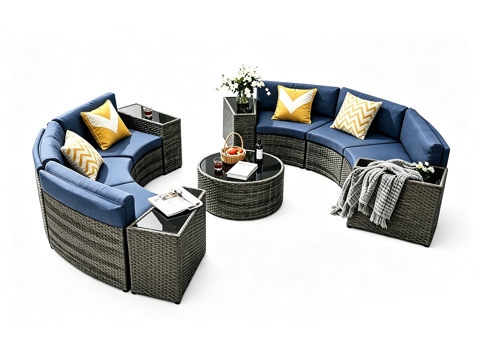 DS 11-Piece Curved Wicker Sofa Set - Navy