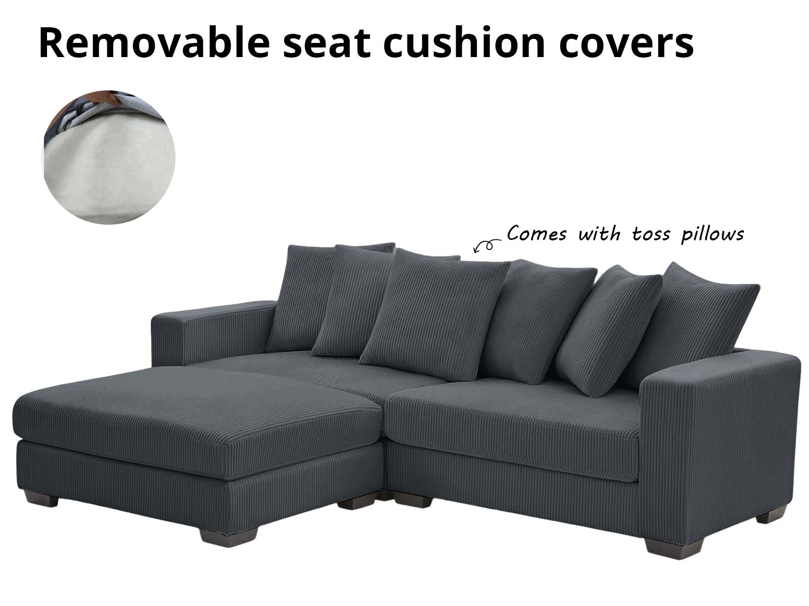 Daury L Shaped Sofa Corduroy  - Dark Grey