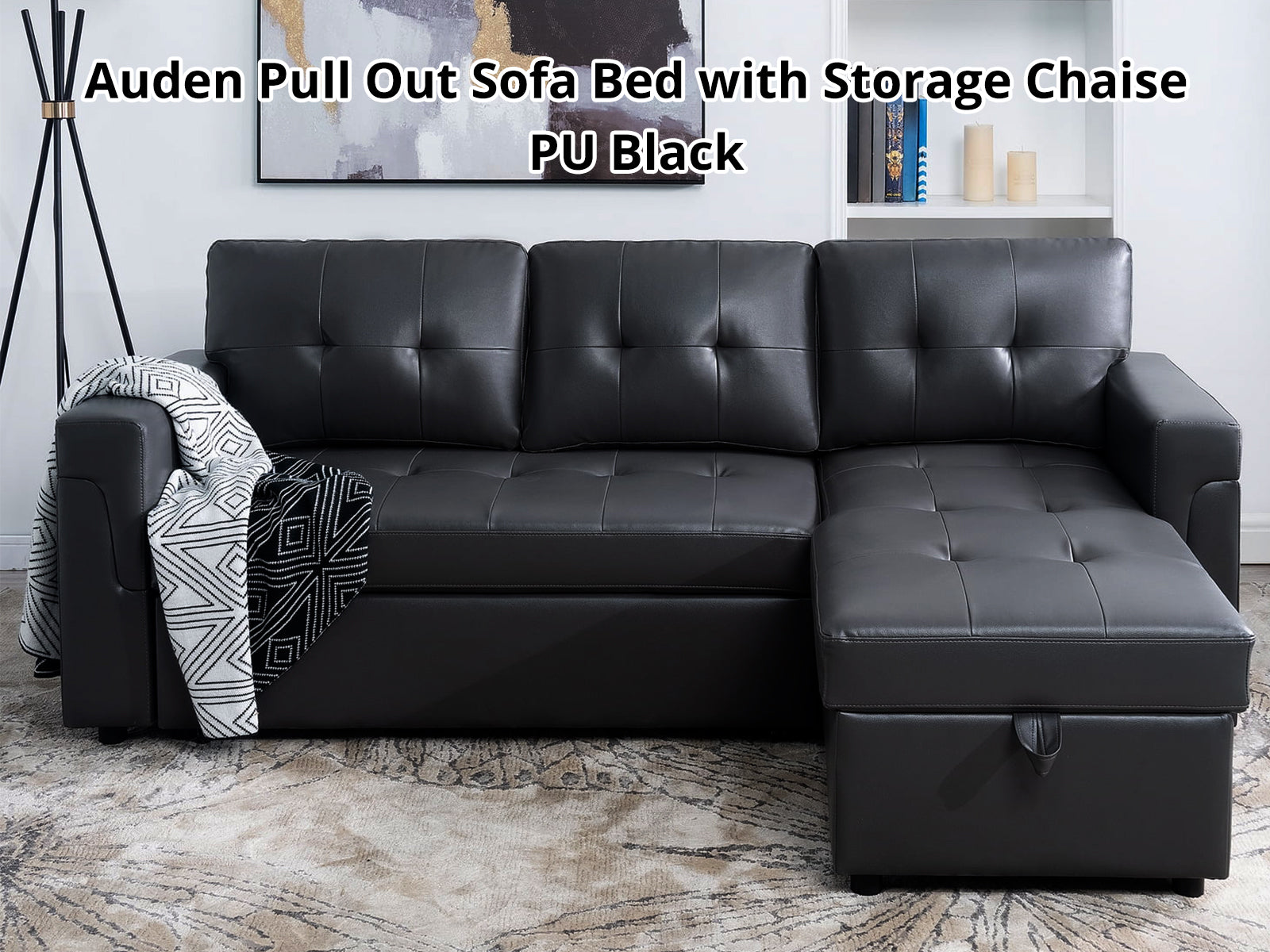 Auden Pull Out Sofa Bed with Storage Chaise PU - Black