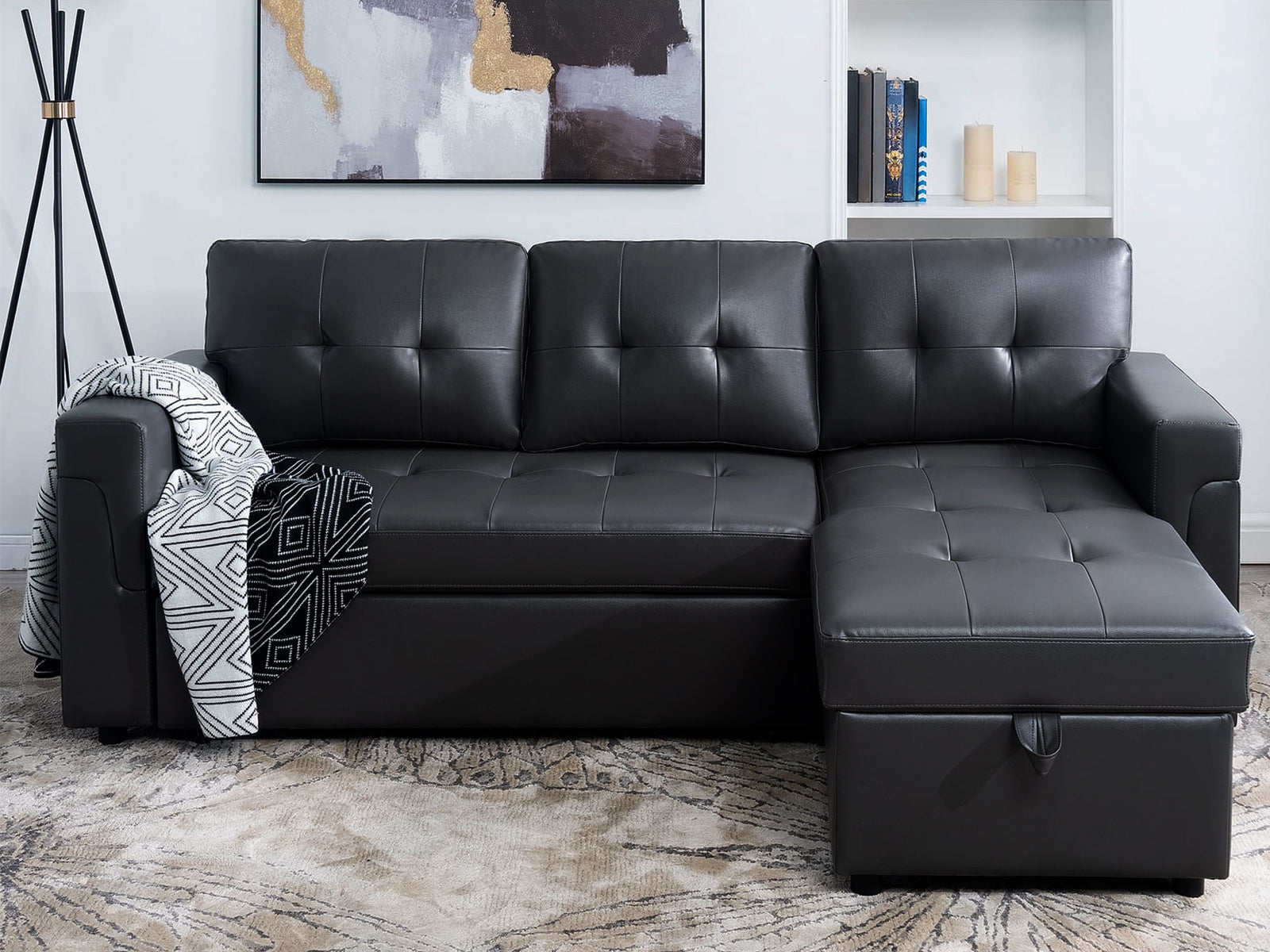 Auden Pull Out Sofa Bed with Storage Chaise PU - Black