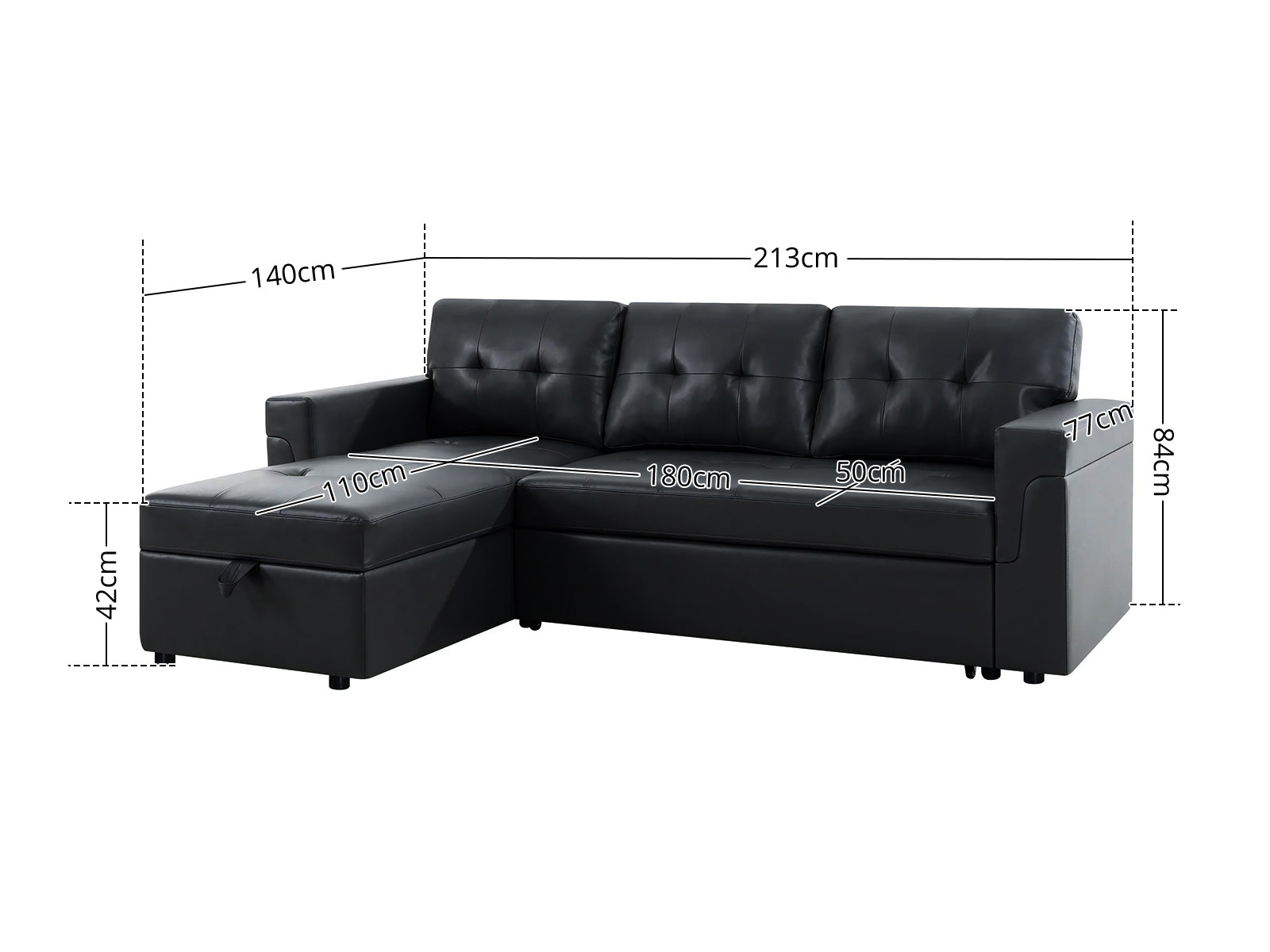 Auden Pull Out Sofa Bed with Storage Chaise PU - Black