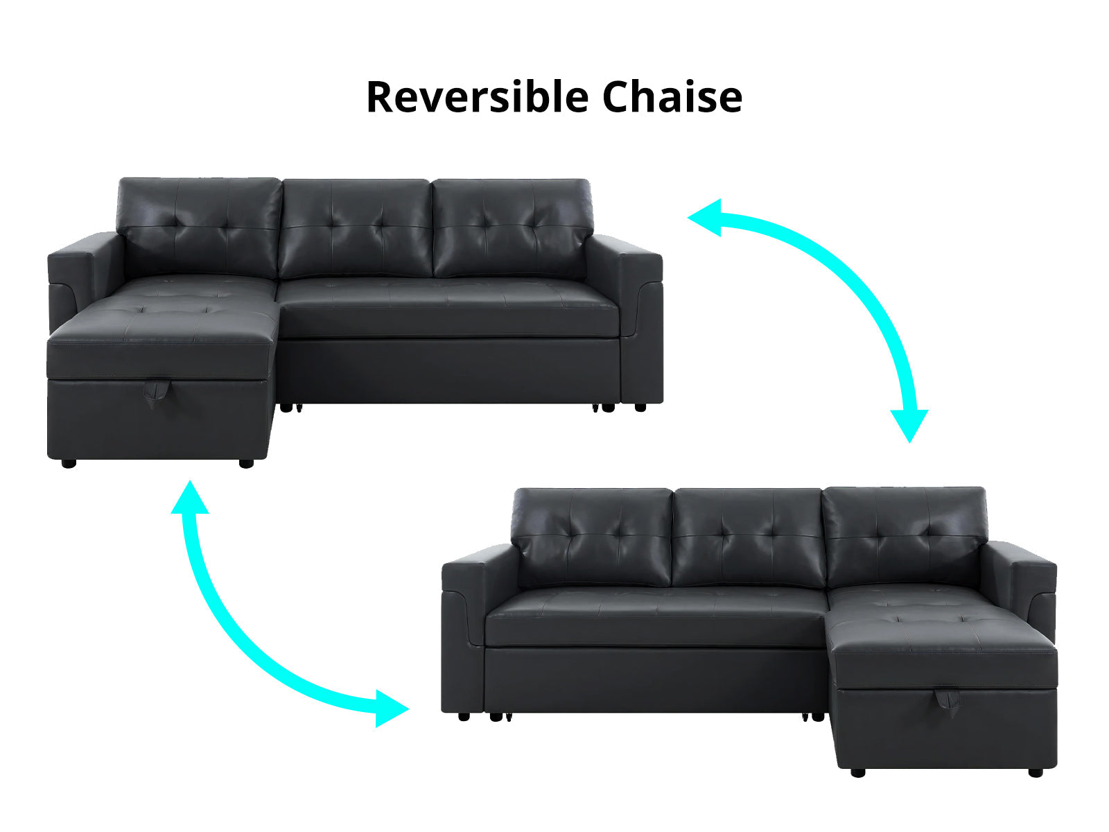 Auden Pull Out Sofa Bed with Storage Chaise PU - Black