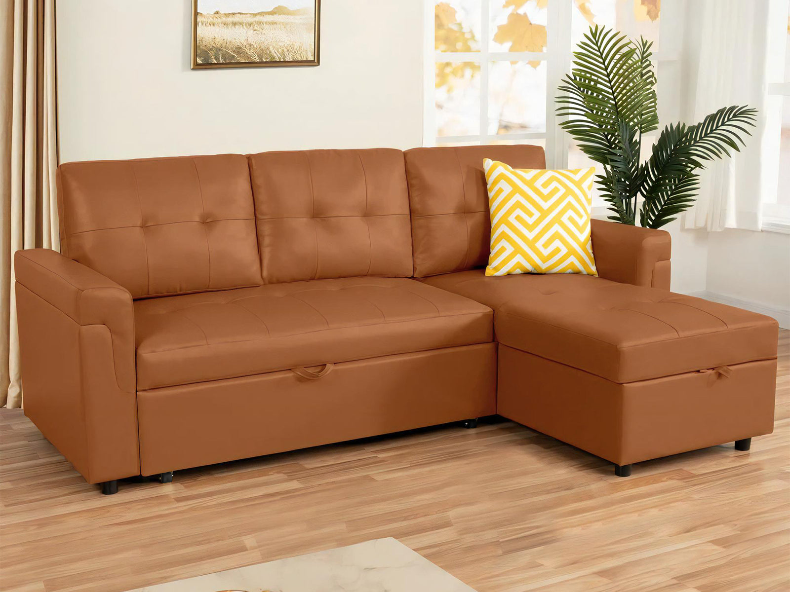 Auden Pull Out Sofa Bed with Storage Chaise PU - Brown