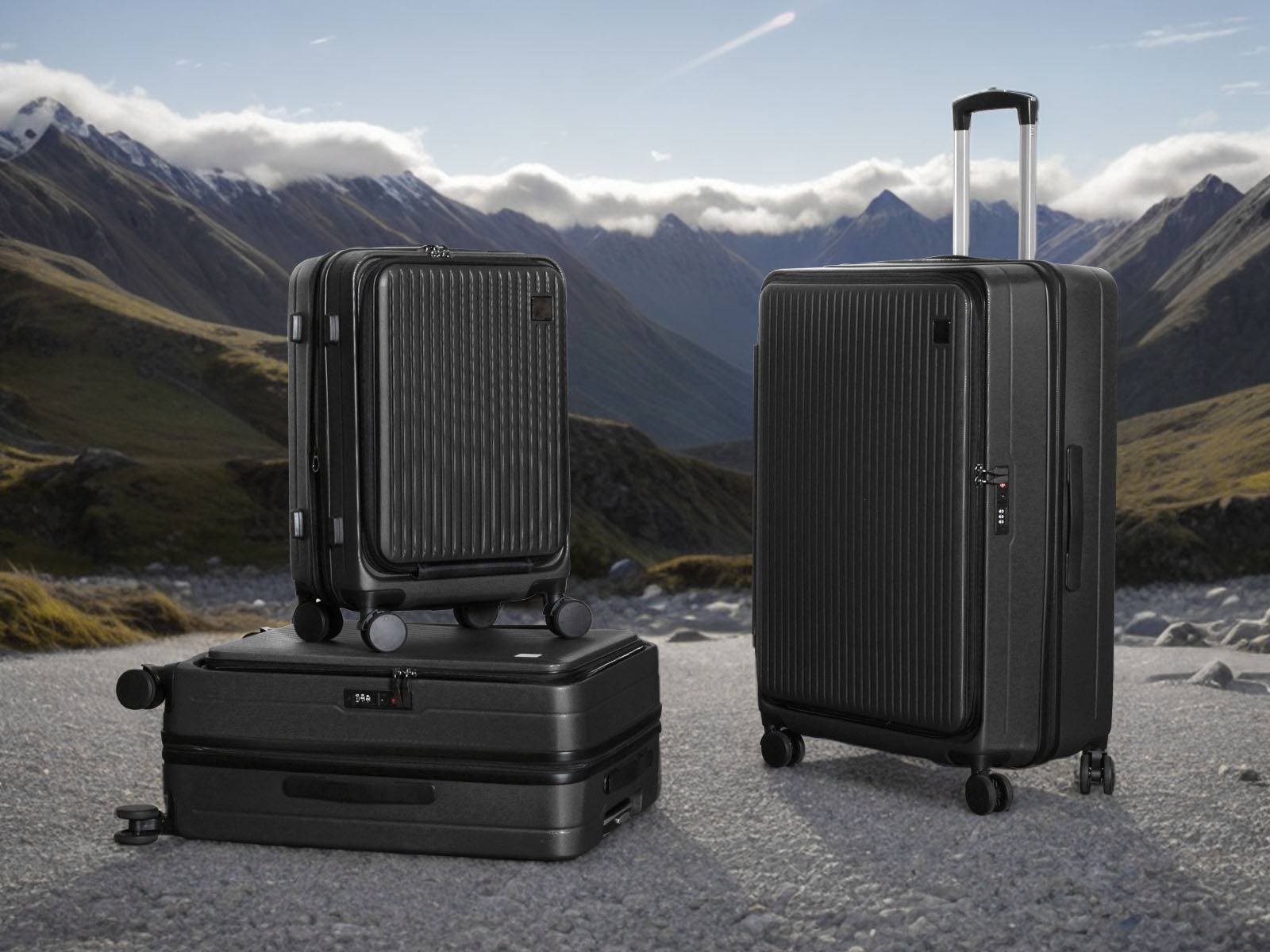 3-Piece Front Open Luggage Set – Black