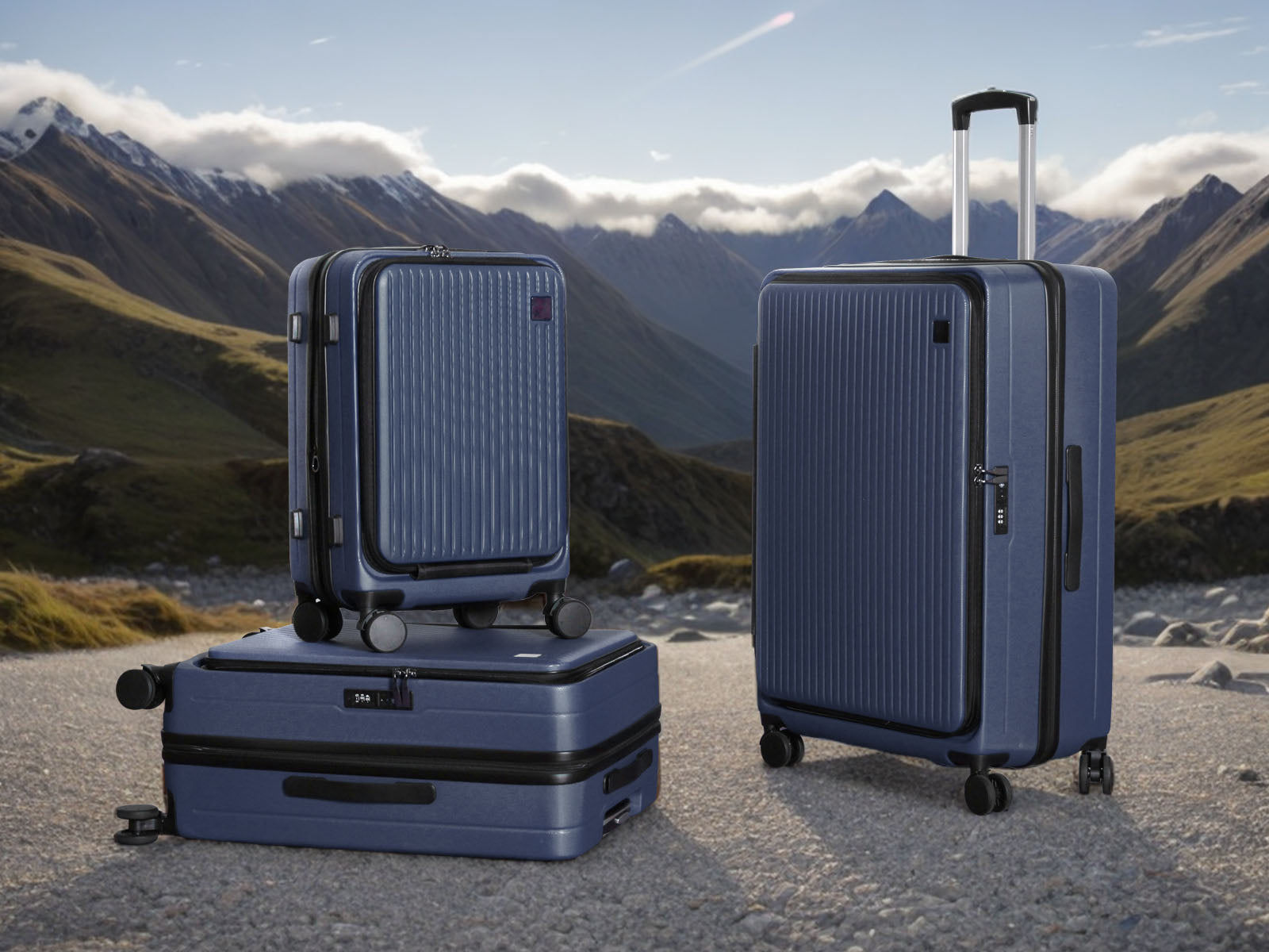 3-Piece Front Open Luggage Set – Blue