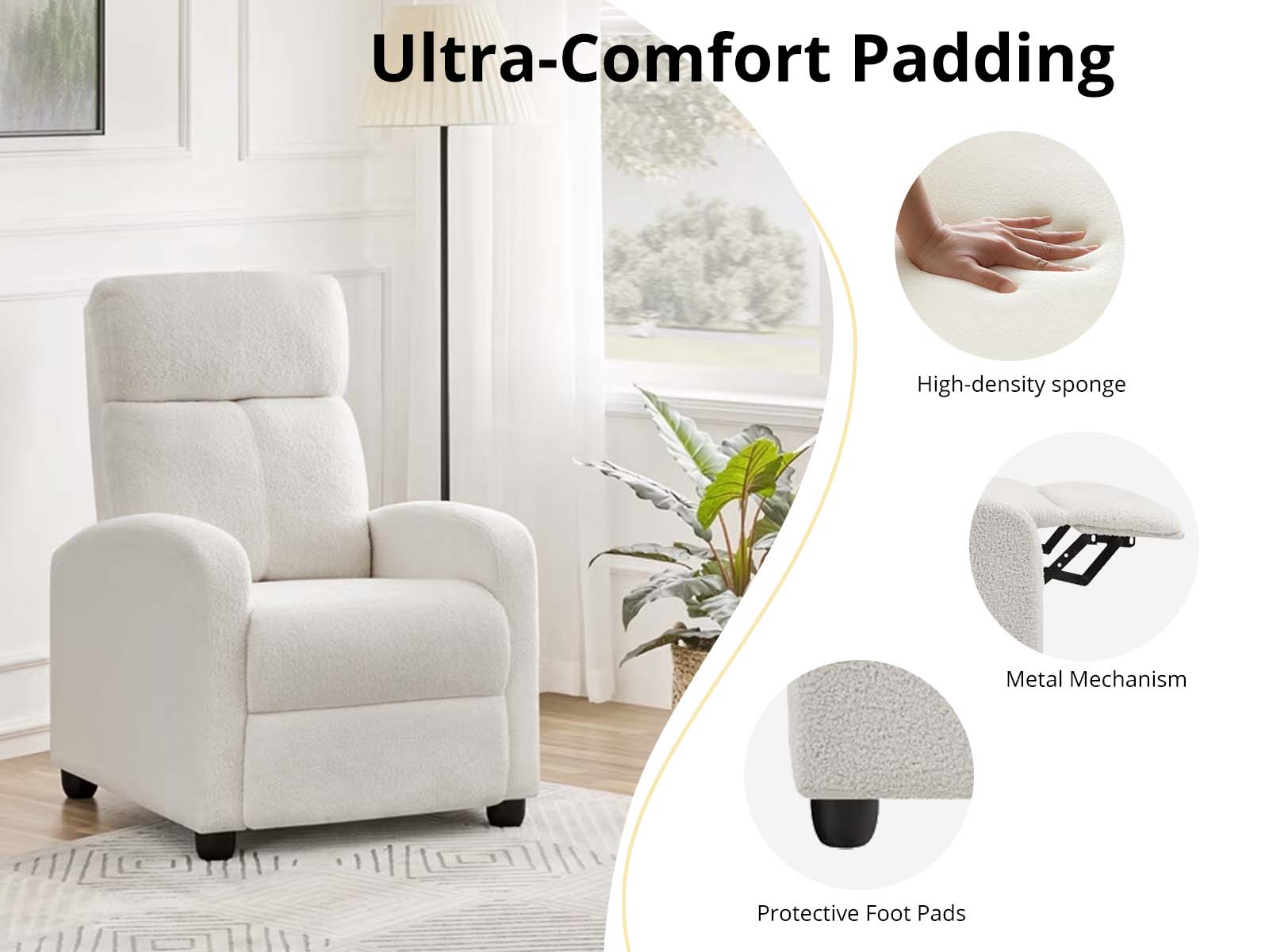 Austen Push Back Recliner Chair - White Boucle