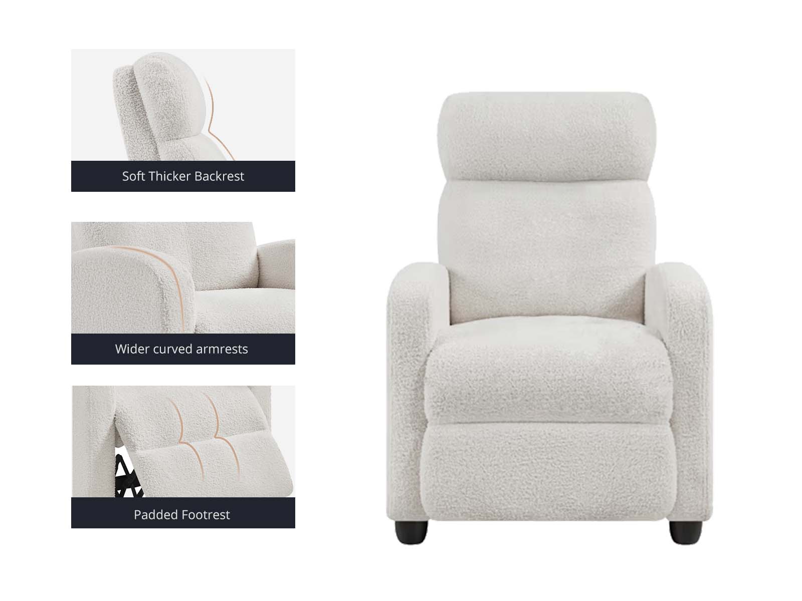 Austen Push Back Recliner Chair - White Boucle