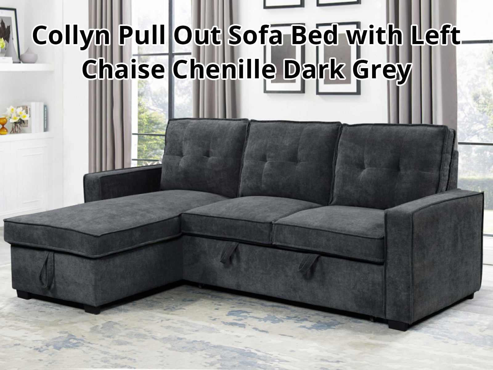 Collyn Chenille Sofa Bed with Left Chaise – Dark Grey