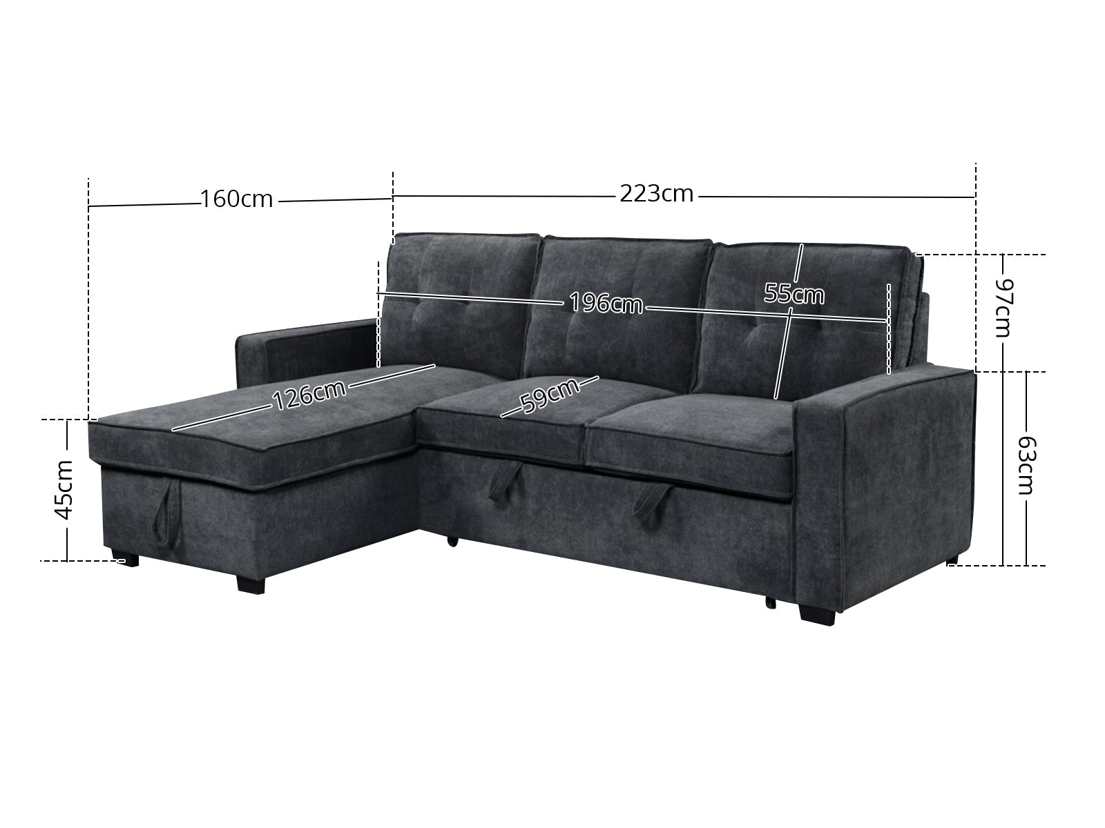 Collyn Chenille Sofa Bed with Left Chaise – Dark Grey