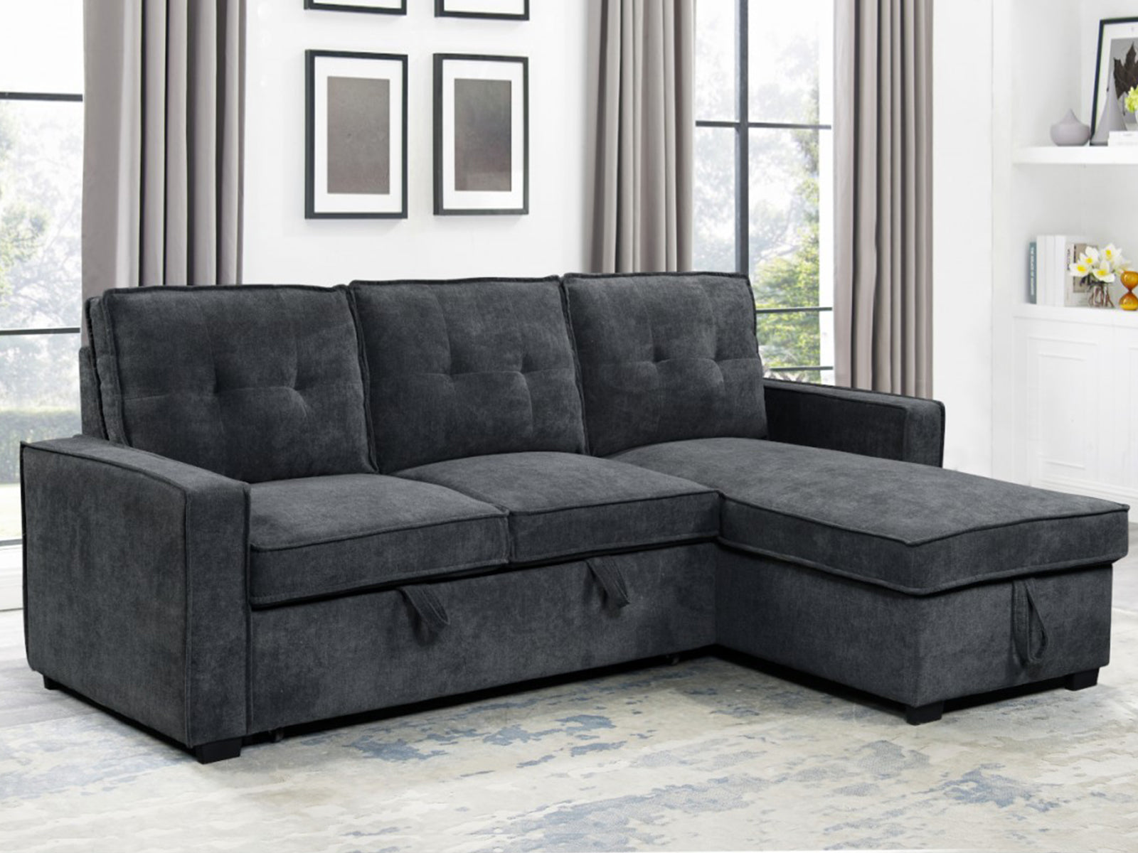 Collyn Chenille Sofa Bed with Right Chaise – Dark Grey
