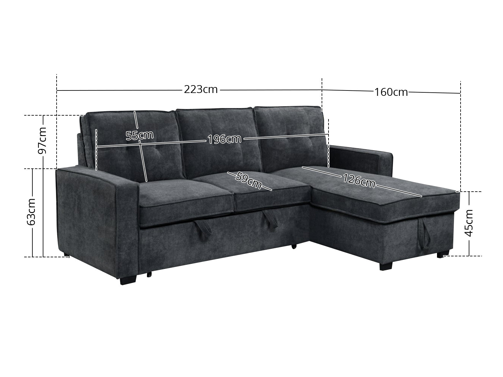 Collyn Chenille Sofa Bed with Right Chaise – Dark Grey