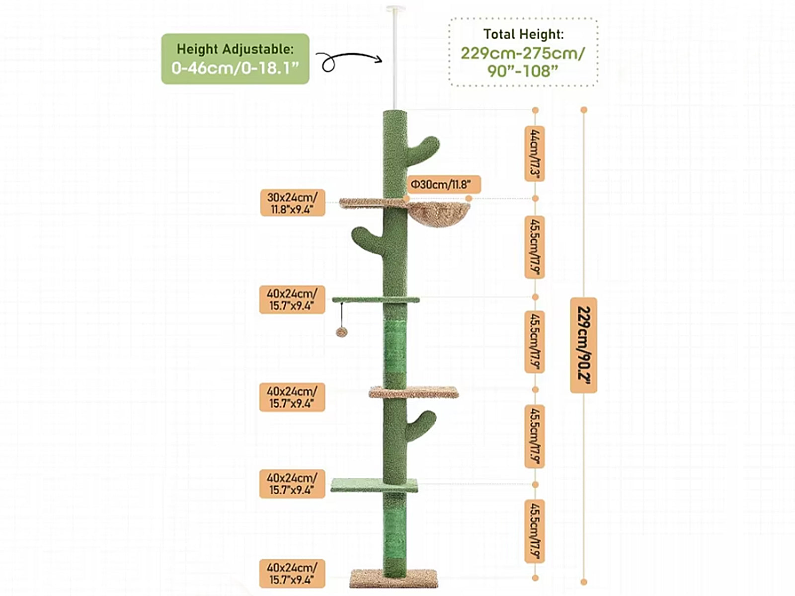 Cactus Cat Tree Floor to Ceiling - 265 cm