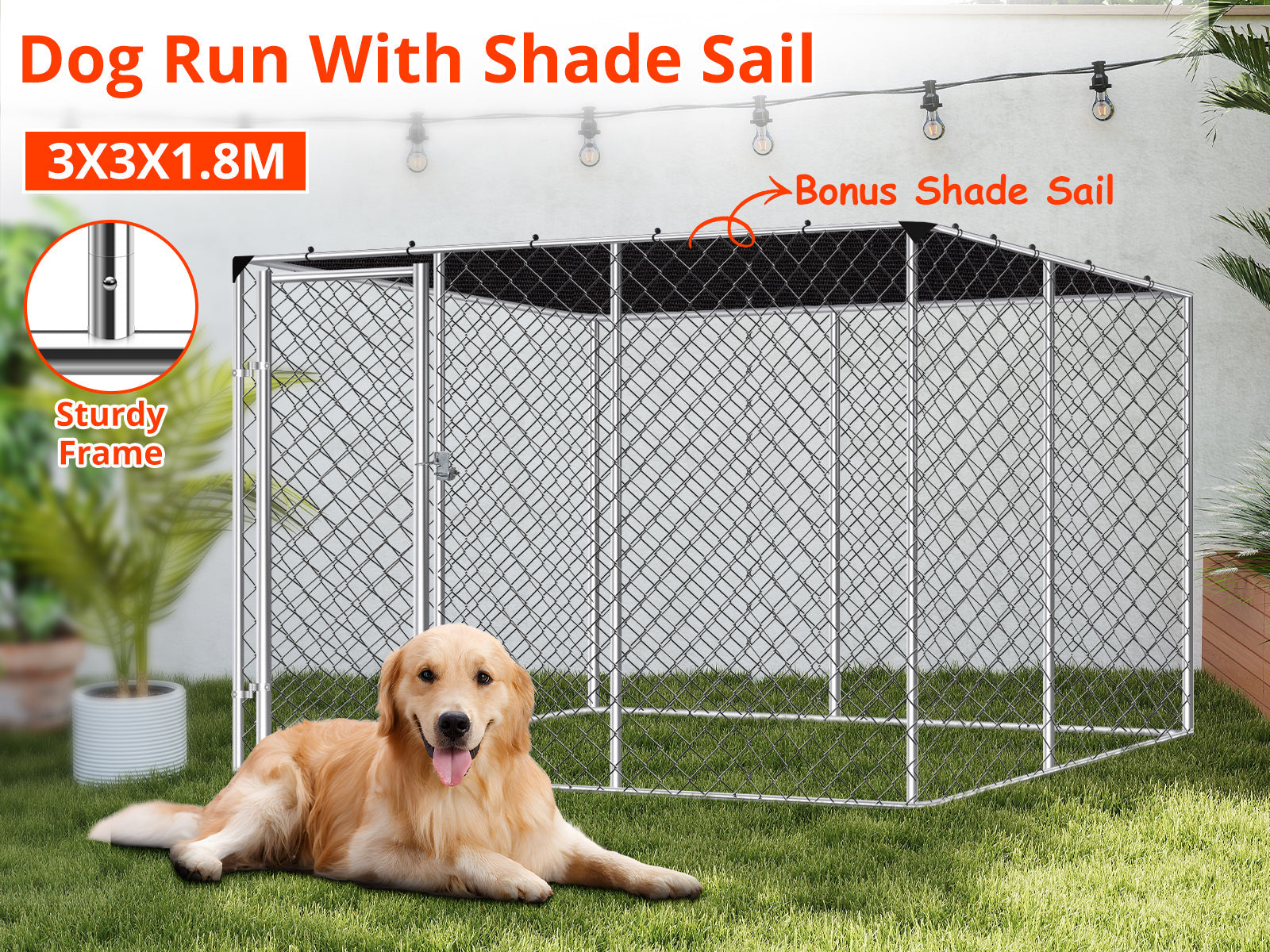 Dog Run with Shade Sail - 3m x 3m x 1.8m
