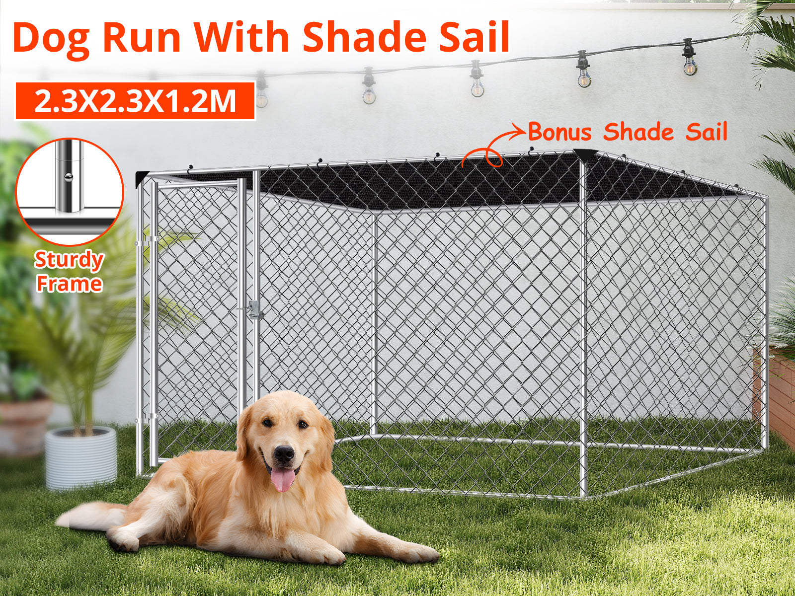 Dog run D with shade sail 2.3x2.3x1.2m