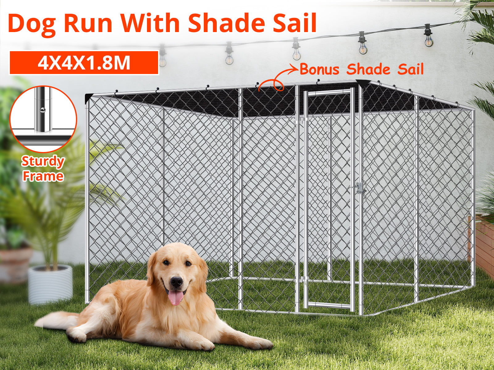 Dog run D with shade sail 4x4x1.8m