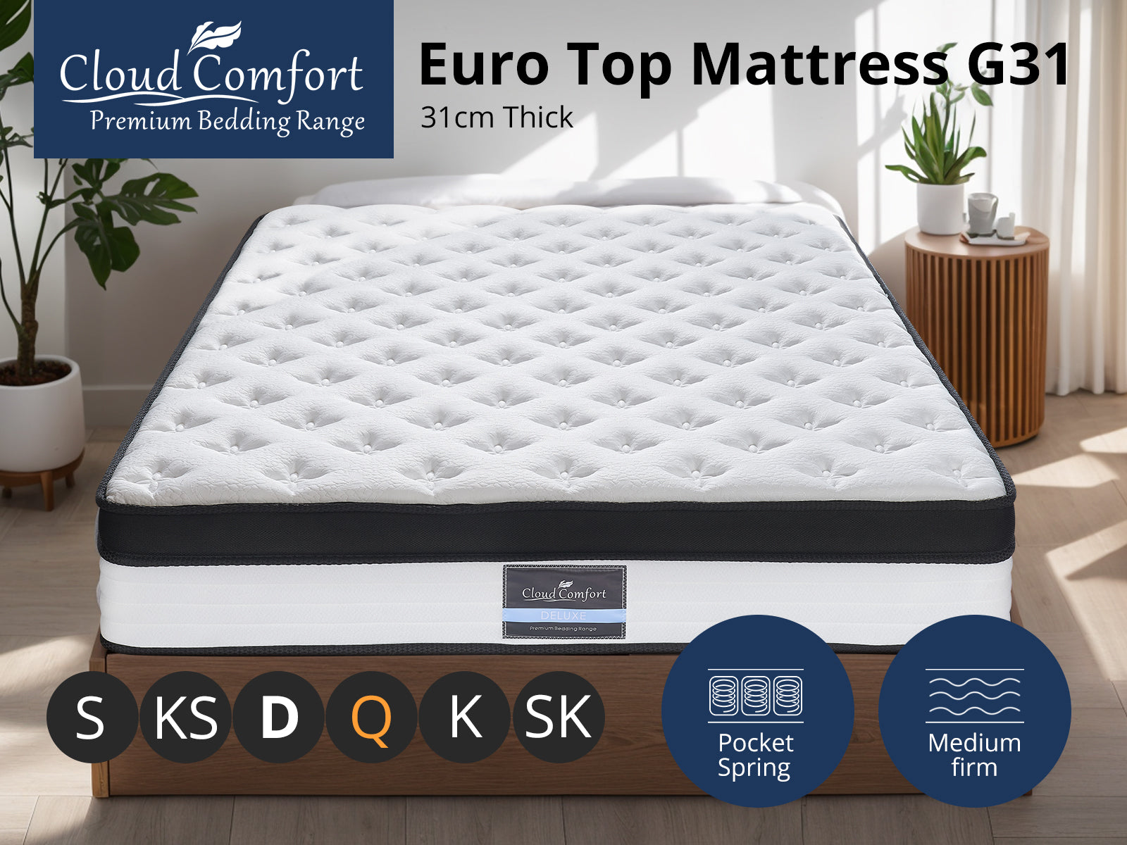 Darcy Metal Bed Frame White & Euro Top Mattress G31 - Queen