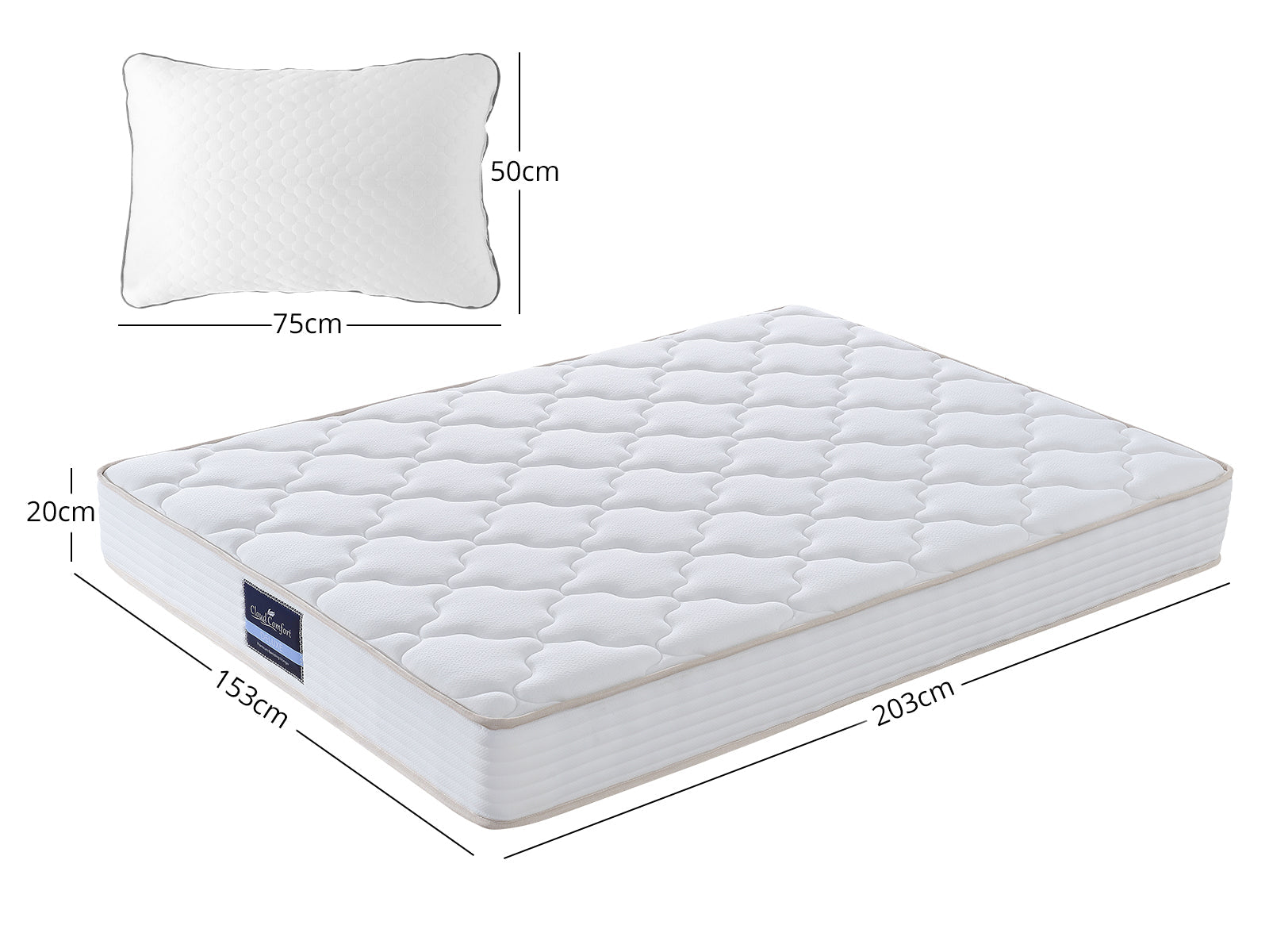 Blaine Velvet Bed Frame Beige & PIL20 Mattress with Pillows - Queen