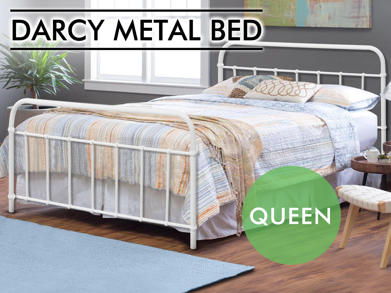 Darcy Metal Bed Frame White & Euro Top Mattress G31 - Queen