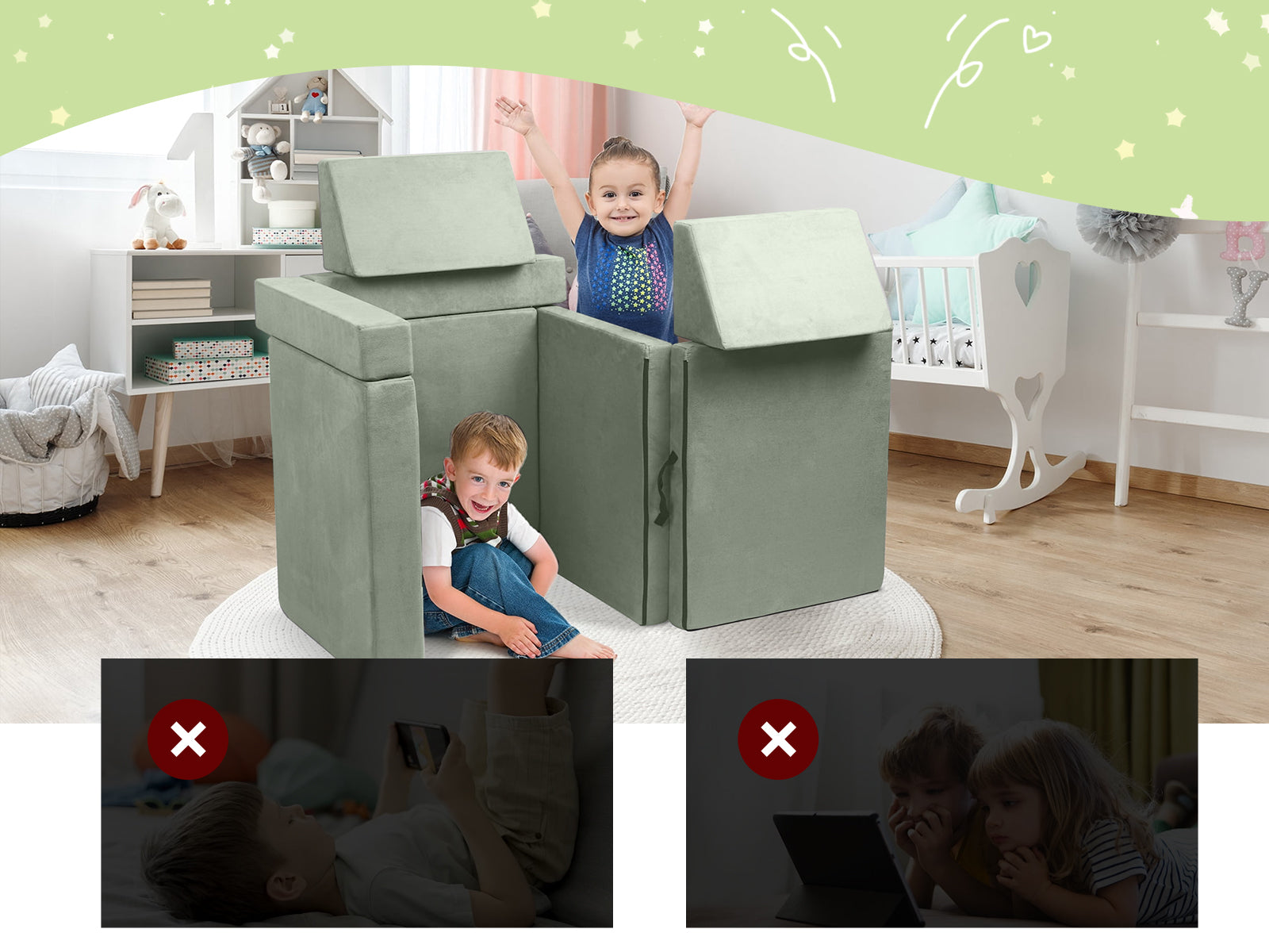 6-PC Modular Kids Play Couch Set - Green