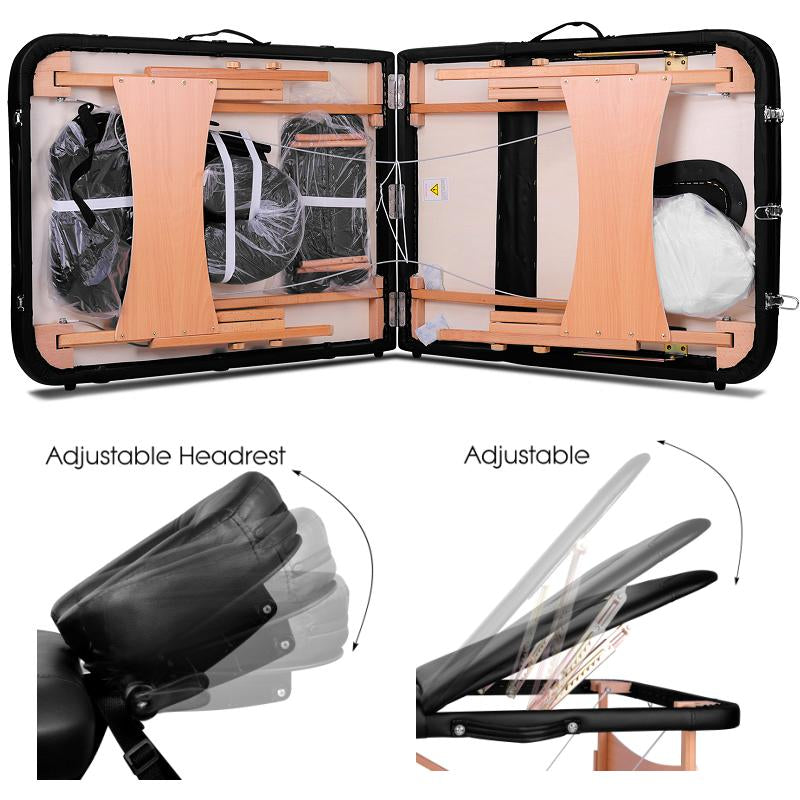 3-Fold Portable Wooden Massage Table - Black