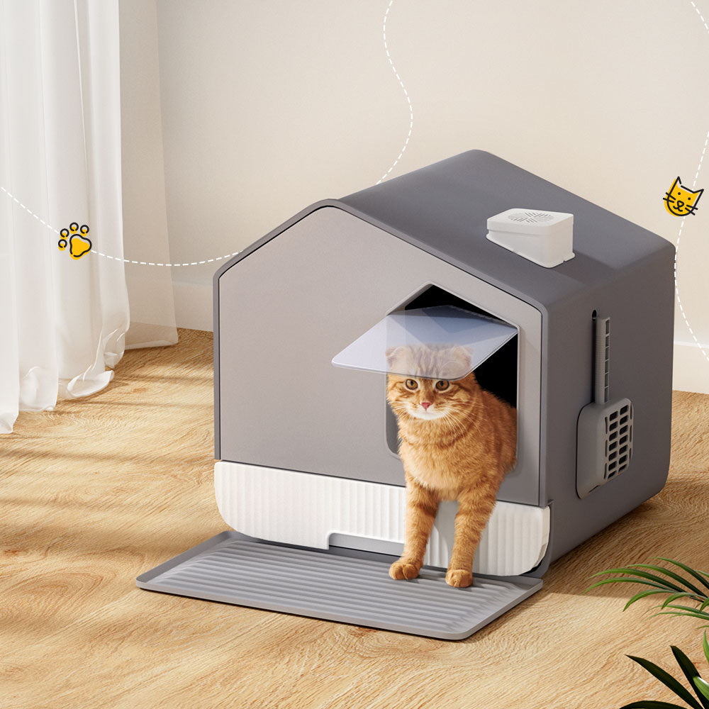Cat Litter Box Large Tray Kitty Toilet Enclosed Cat Litter Box Hooded Scoop Mat