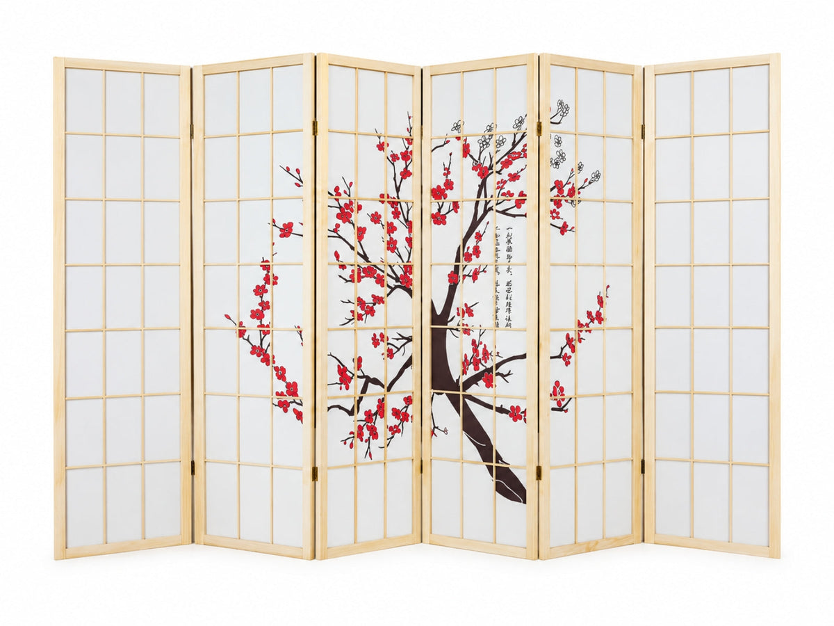 6-Panel Room Divider with Flower Pattern - Natural Wood