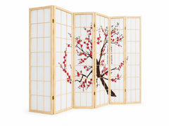 6-Panel Room Divider with Flower Pattern - Natural Wood