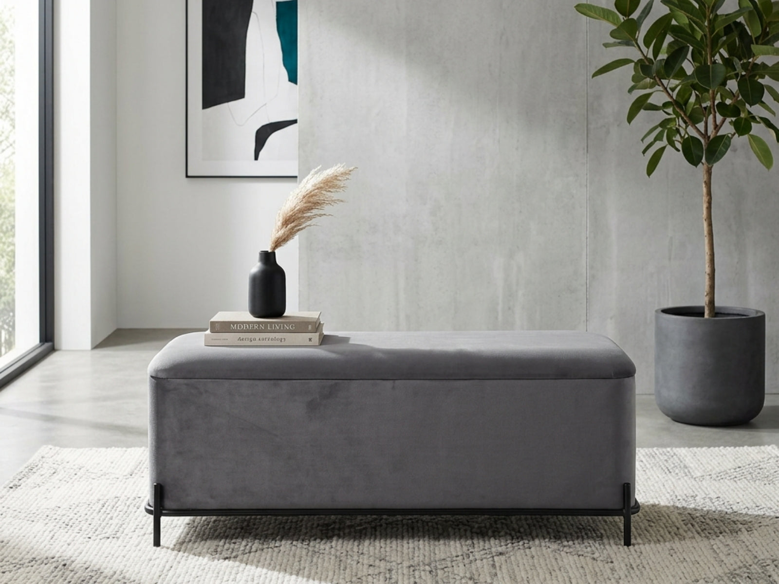 Delani Velvet Ottoman Bench With Storage - Charcoal