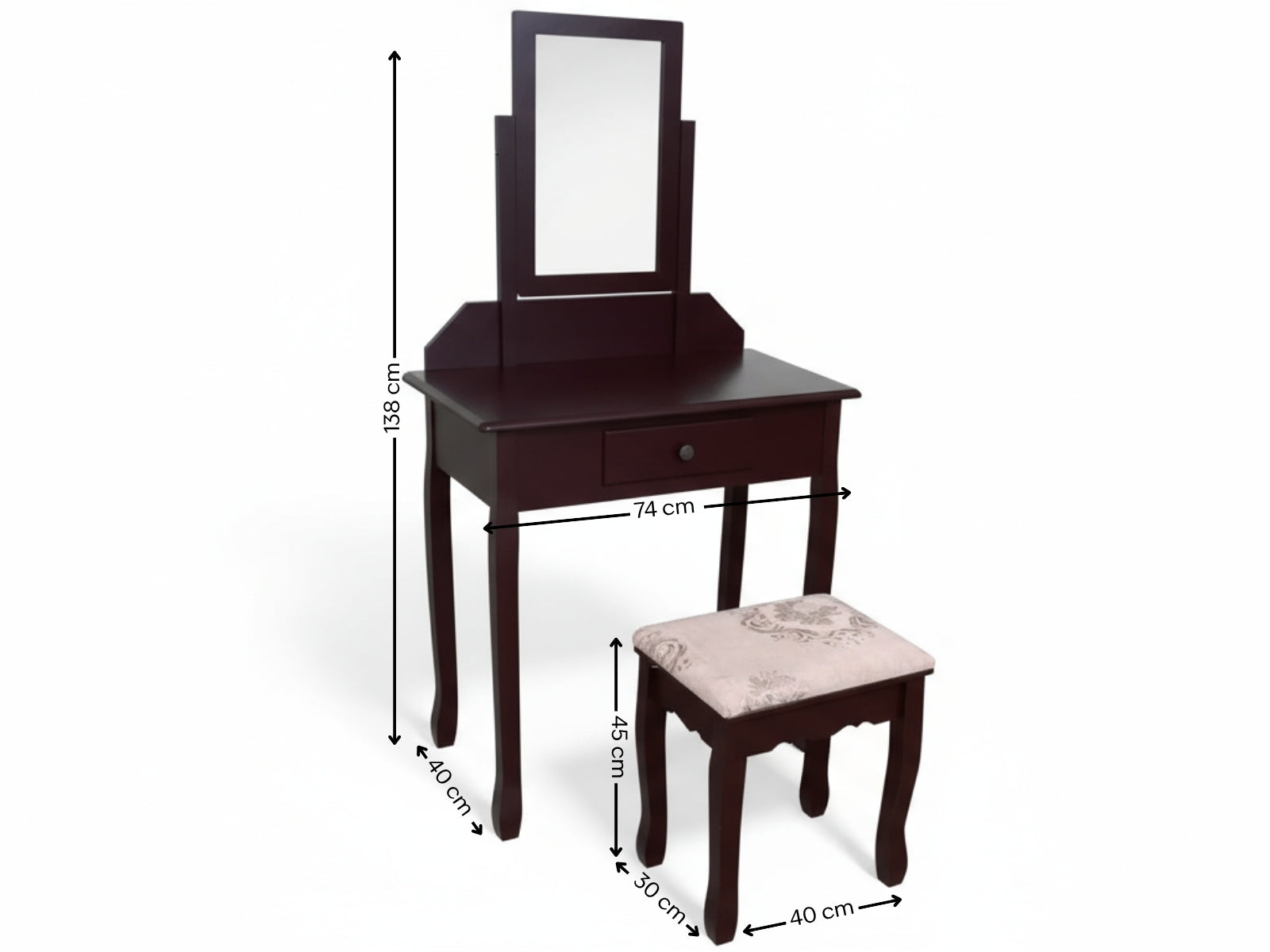 Dressing Table with Stool Brown - 74 cm