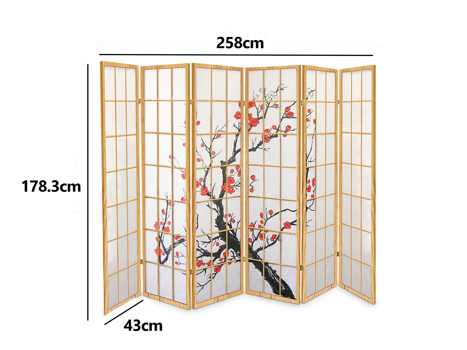 6-Panel Room Divider with Flower Pattern - Natural Wood
