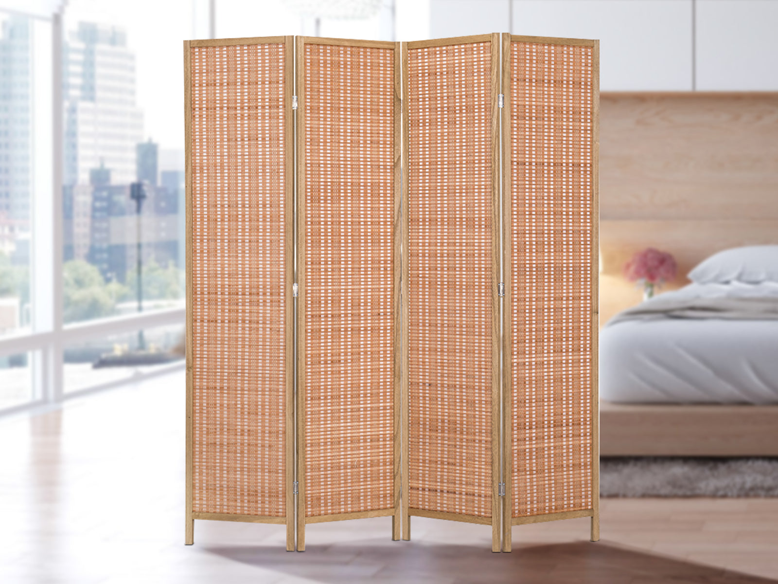 4-Panel Room Divider with Bamboo - Brown