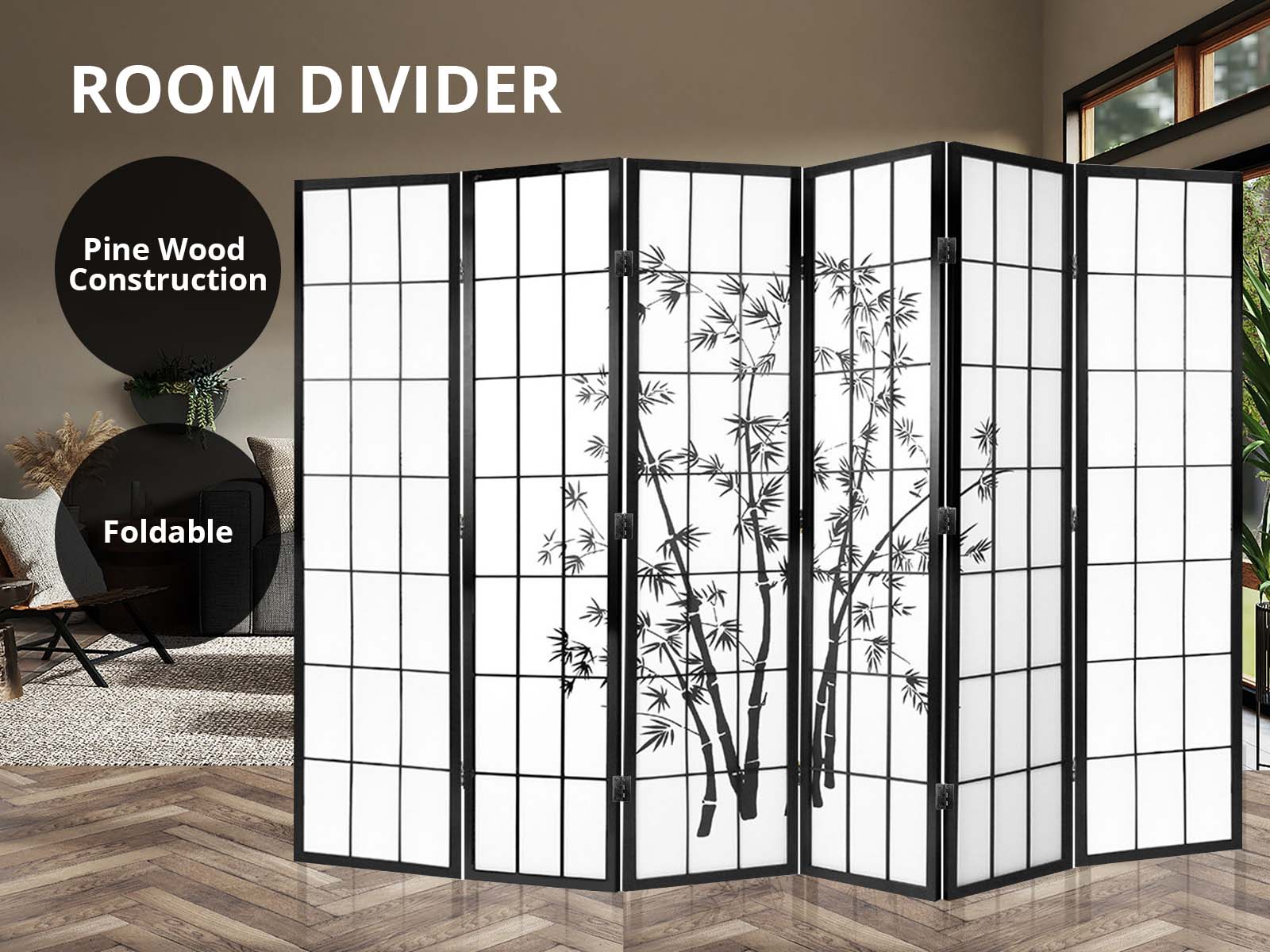 6-Panel Room Divider with Bamboo Pattern - Black