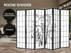 6-Panel Room Divider with Bamboo Pattern - Black