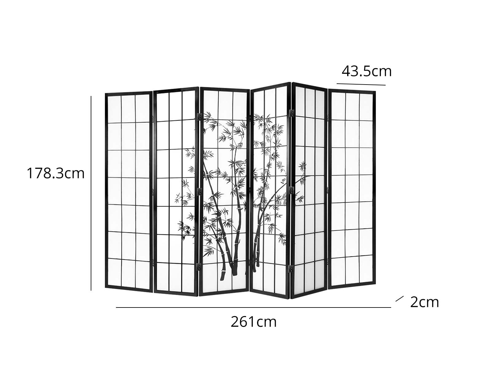 6-Panel Room Divider with Bamboo Pattern - Black