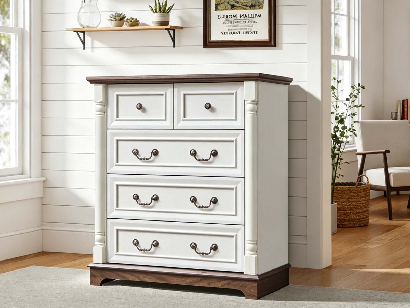 5-Drawer Chest - Antique White & Rustic Brown