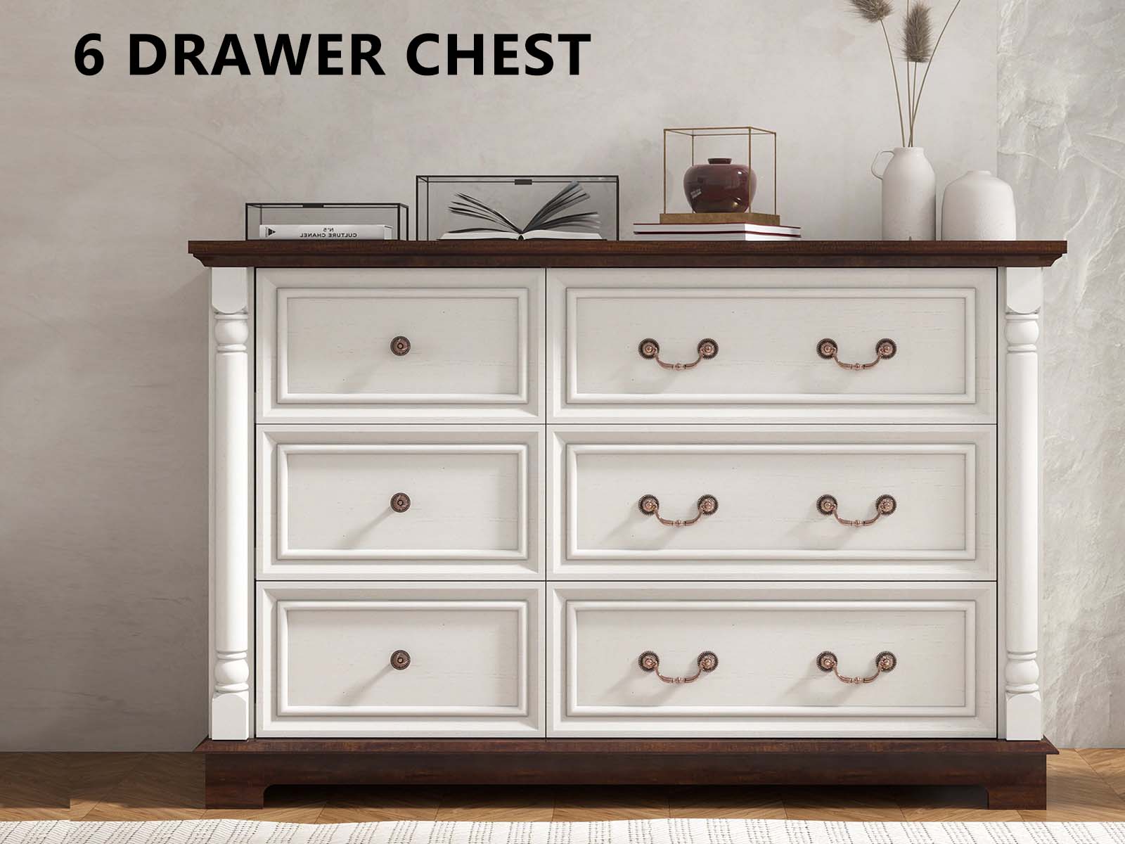 6-Drawer Chest - Antique White & Rustic Brown