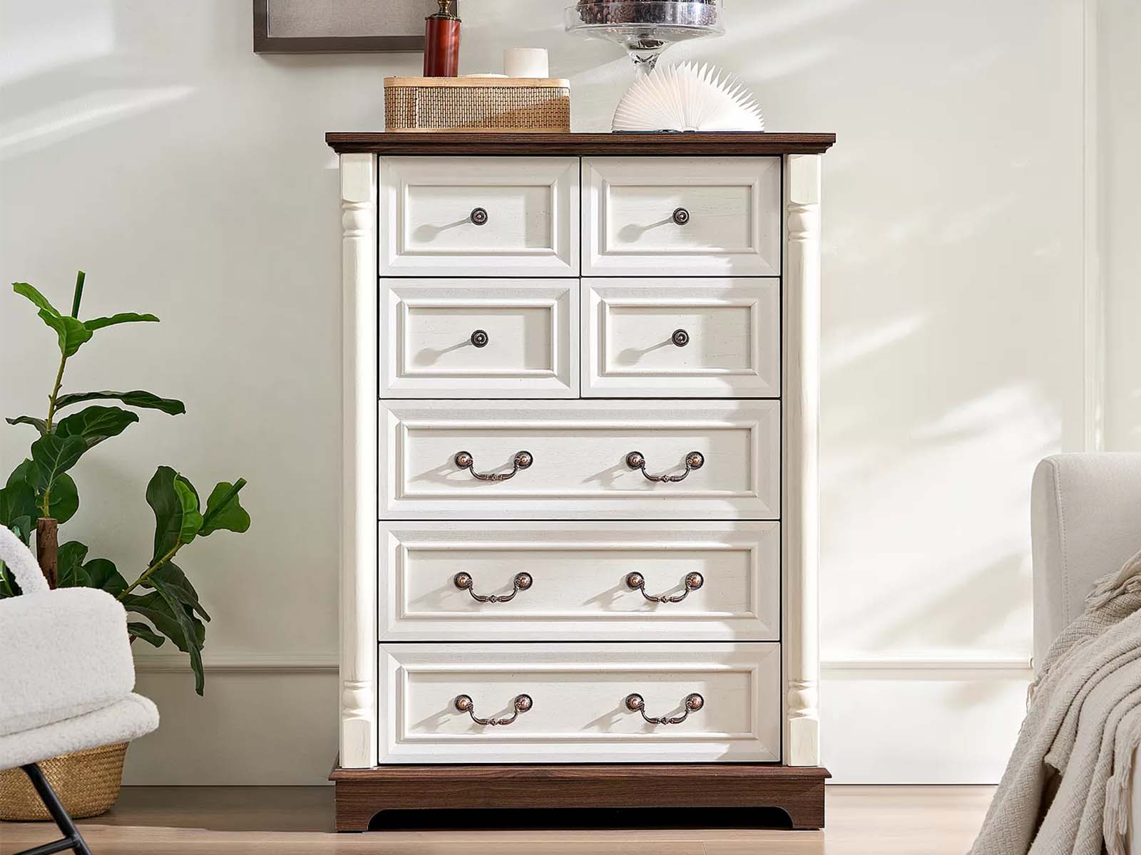 7-Drawer Chest - Antique White & Rustic Brown